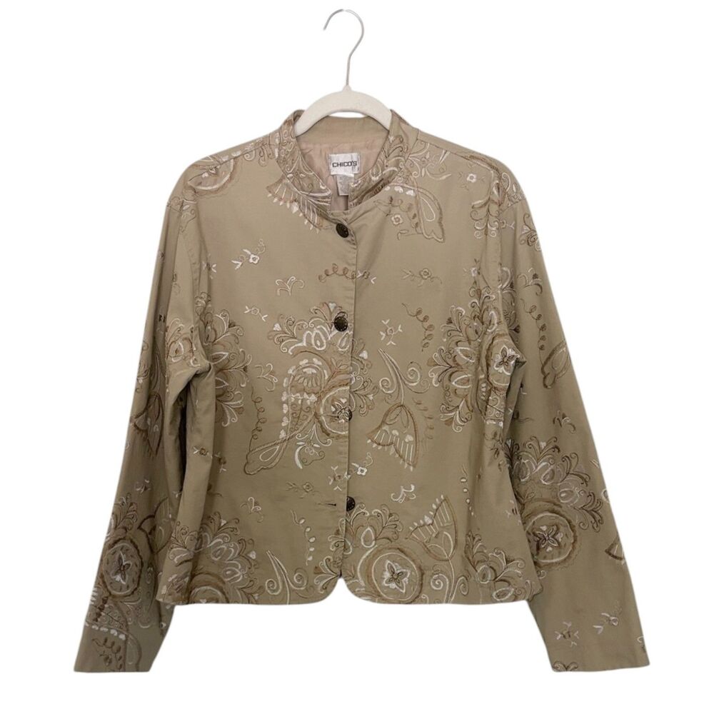 Chico's Rosina Metallic Dream Embroidered Jacket 2 L Neutral Tan Floral Blazer